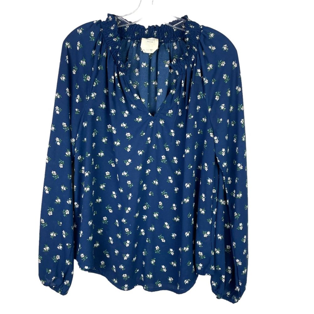 HARPER HERITAGE Womens M Blue Floral Smocked V-Neck Peasant Boho Blouse